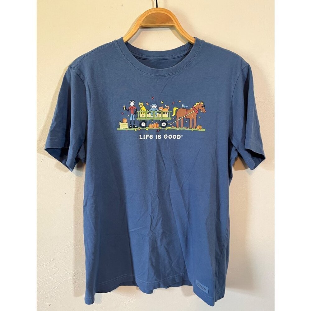 Life is Good Crusher T-Shirt Jake and Friends Hayride Rocket Mens Medium Blue